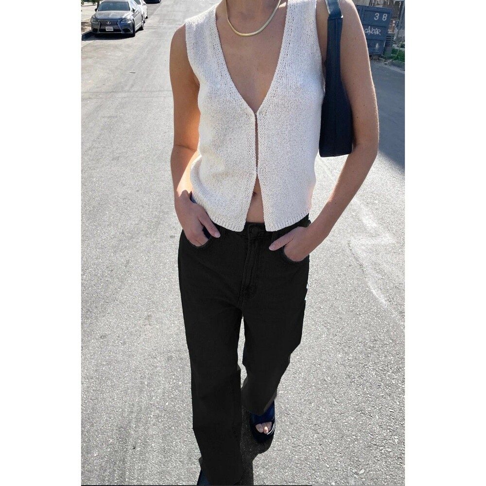 Oak + Fort Cream Knit Sweater Vest  Cropped Button Front Size Small Festival